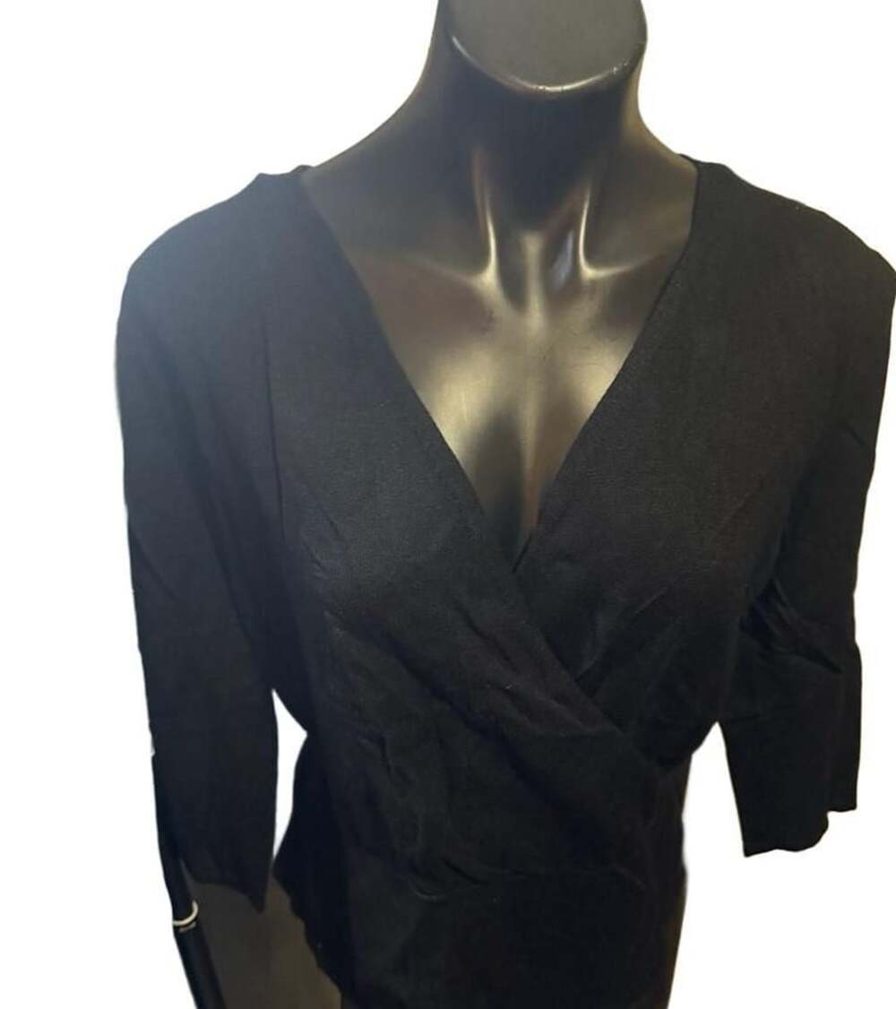 Nine West V-Neck Wrap Top Size L Black Knit Sweater Blouse
